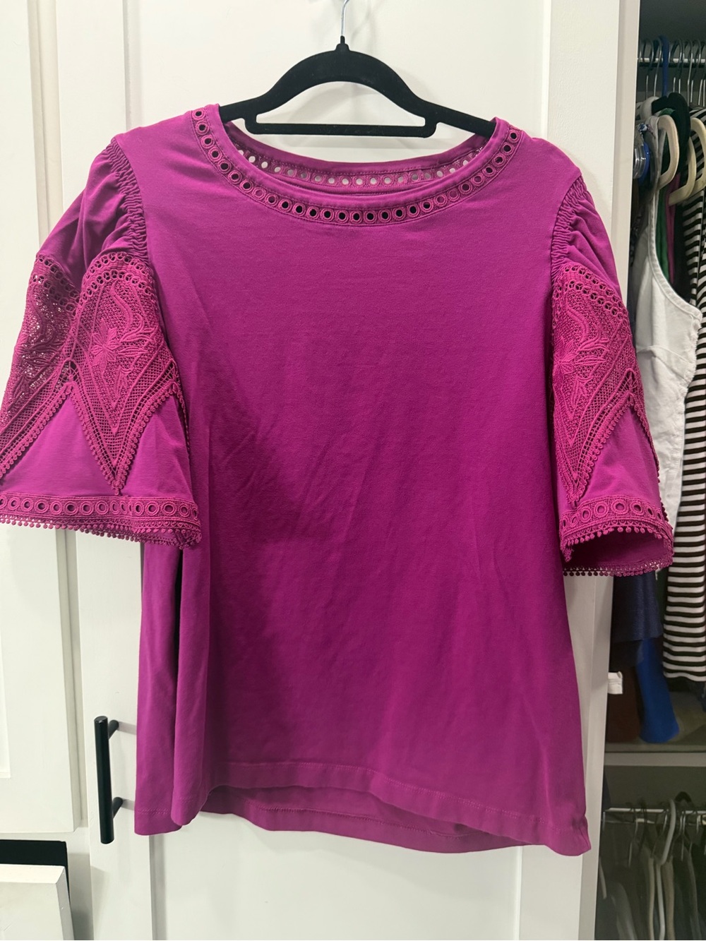 Chico's Fuchsia Eyelet & Lace Short Sleeve Top